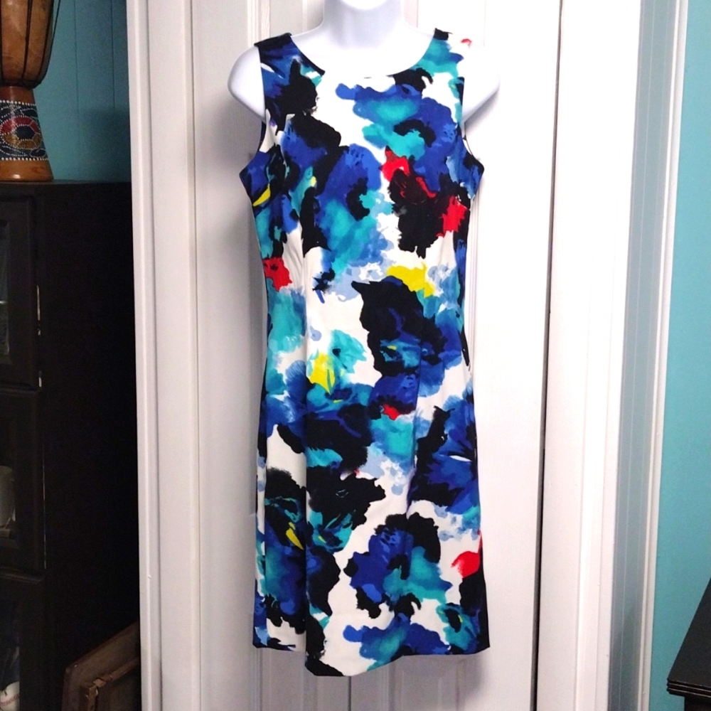 Mario Serrani Multicolor Sleeveless Sheath Dress Pleats Floral Watercolor size 4